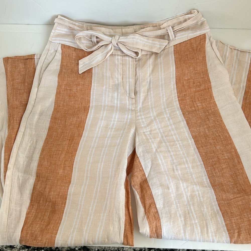 Ett:twa by Anthropologie orange stripe tie waist zip close 100% linen pants - Picture 11 of 16